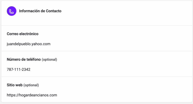 Muestra la sección de información de contacto del formulario del anuncio.