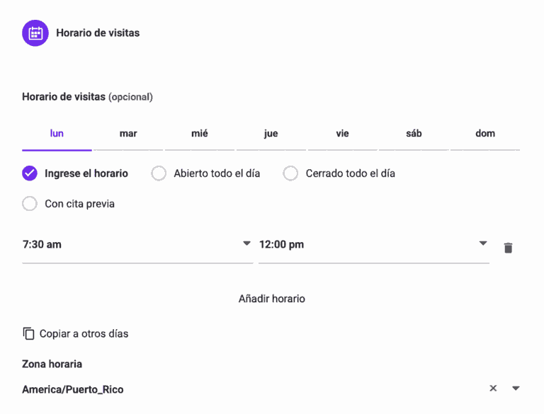 Muestra la sección del listado que corresponde a el horario de visitas.