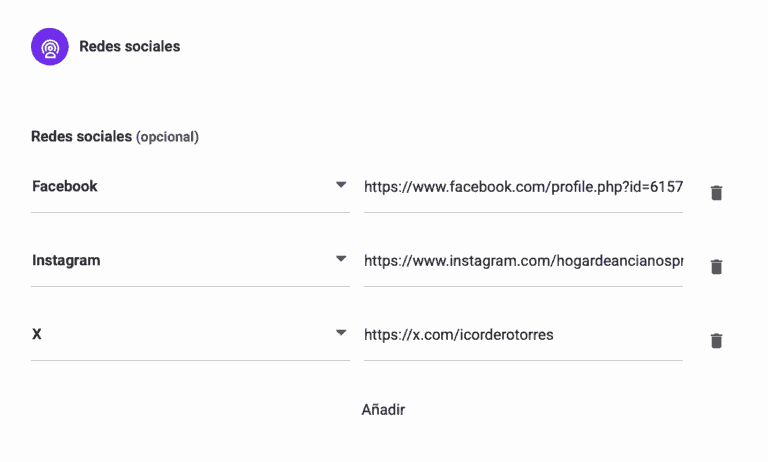 Muestra la sección del listado que corresponde a las redes sociales.