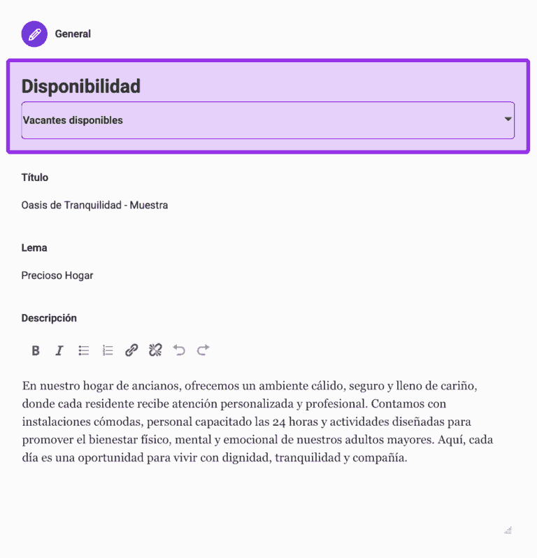 Muestra sección "General" del formulario de listado.