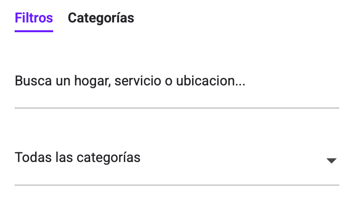 Muestra la búsqueda por campo abierto y categorías.