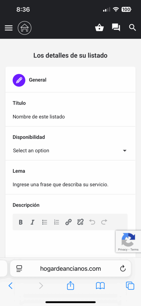 Muestra la imagen del formulario (listado) parte superior. (Ayuda móvil)