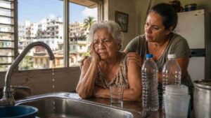 Cuidadora ayuda a un adulto mayor durante una interrupción del servicio de agua en San Juan