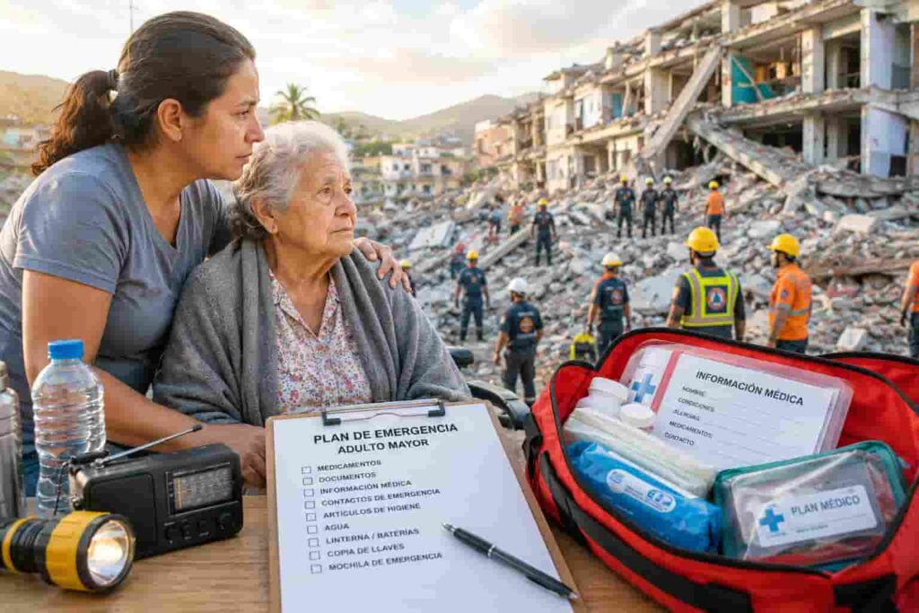 Cuidador protege a un adulto mayor después de un terremoto en una comunidad afectada