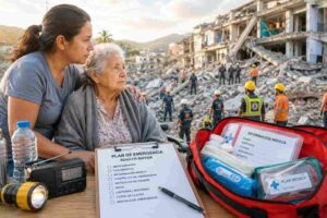 Cuidador protege a un adulto mayor después de un terremoto en una comunidad afectada