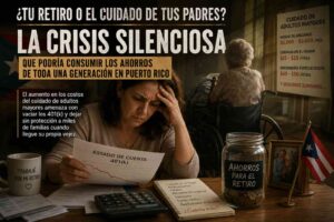 Adulto preocupado revisando sus ahorros de retiro mientras enfrenta el costo del cuidado de sus padres envejecidos en Puerto Rico.