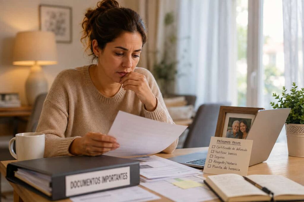 Mujer revisando documentos y papeles en una mesa