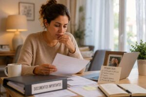 Mujer revisando documentos y papeles en una mesa
