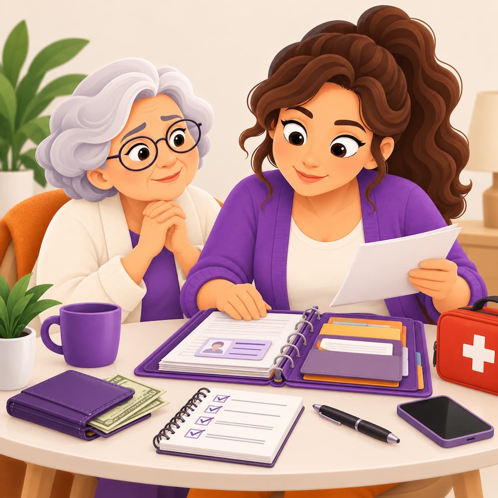 Carpetas organizadas con documentos médicos, finanzas y emergencias