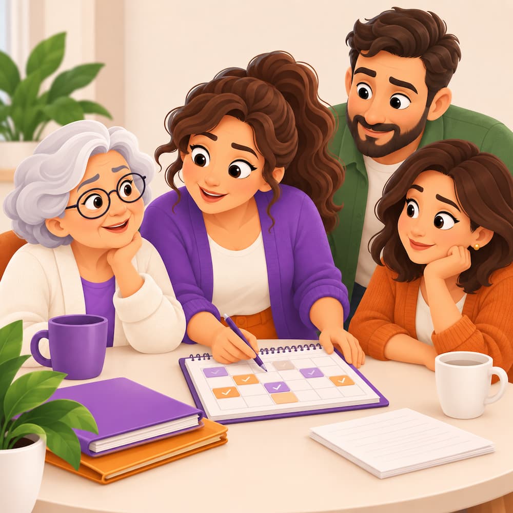 Familia organizando el cuidado de una persona mayor