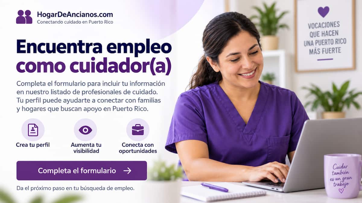 Cuidadora trabajando en computadora.